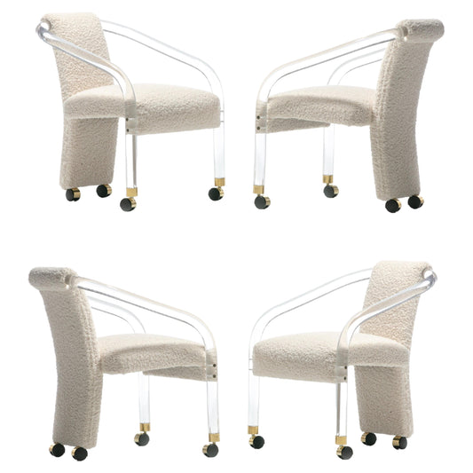 Sexy 1970s Lucite & Brass Set of Chairs in Ivory White Bouclé on Casters c. 1970