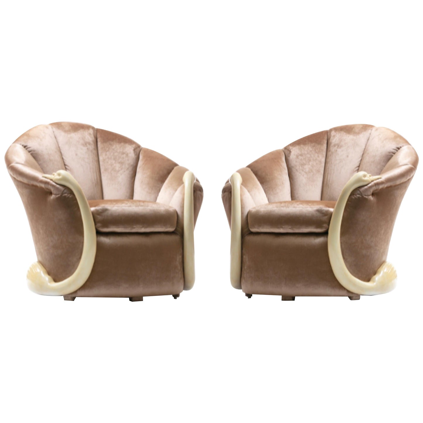 Suzanne Geismar Swan Leda Lounge Chairs in Mink Velvet and Ivory Parchment Swans