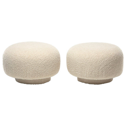 Swivel Mushroom Top Post Modern Style Ottoman Pouf in Ivory White Bouclé