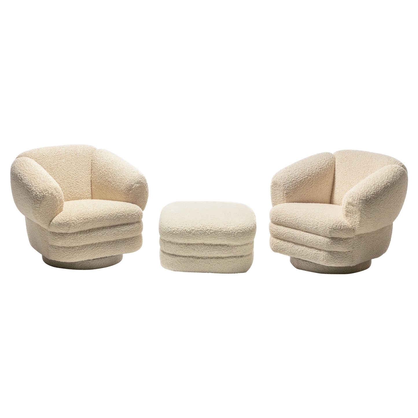 Vladimir Kagan Post Modern Ivory Bouclé Swivel Chairs & Ottoman for Directional